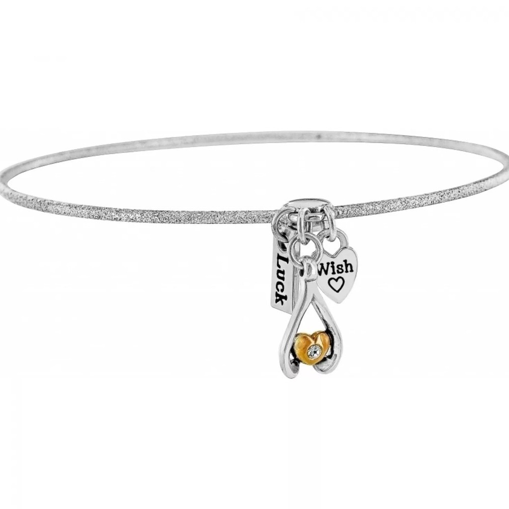 Brighton WISH Wishbone Gold Heart Luck Silver Charm Bangle Bracelet NWT 0830
